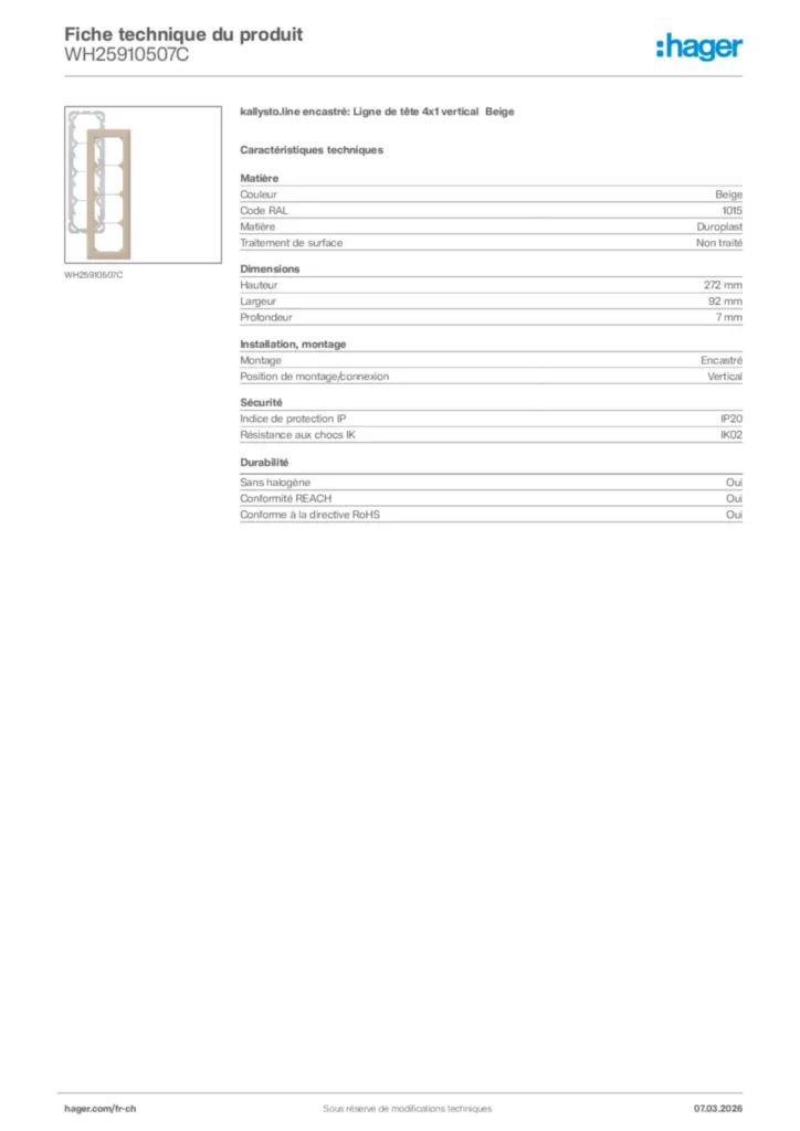 Image Hager Fiche technique du produit WH25910507C | Hager Suisse