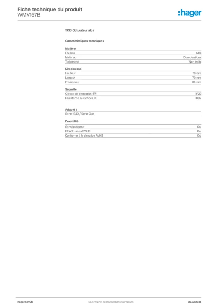 Image Hager Fiche technique du produit WMV157B | Hager France