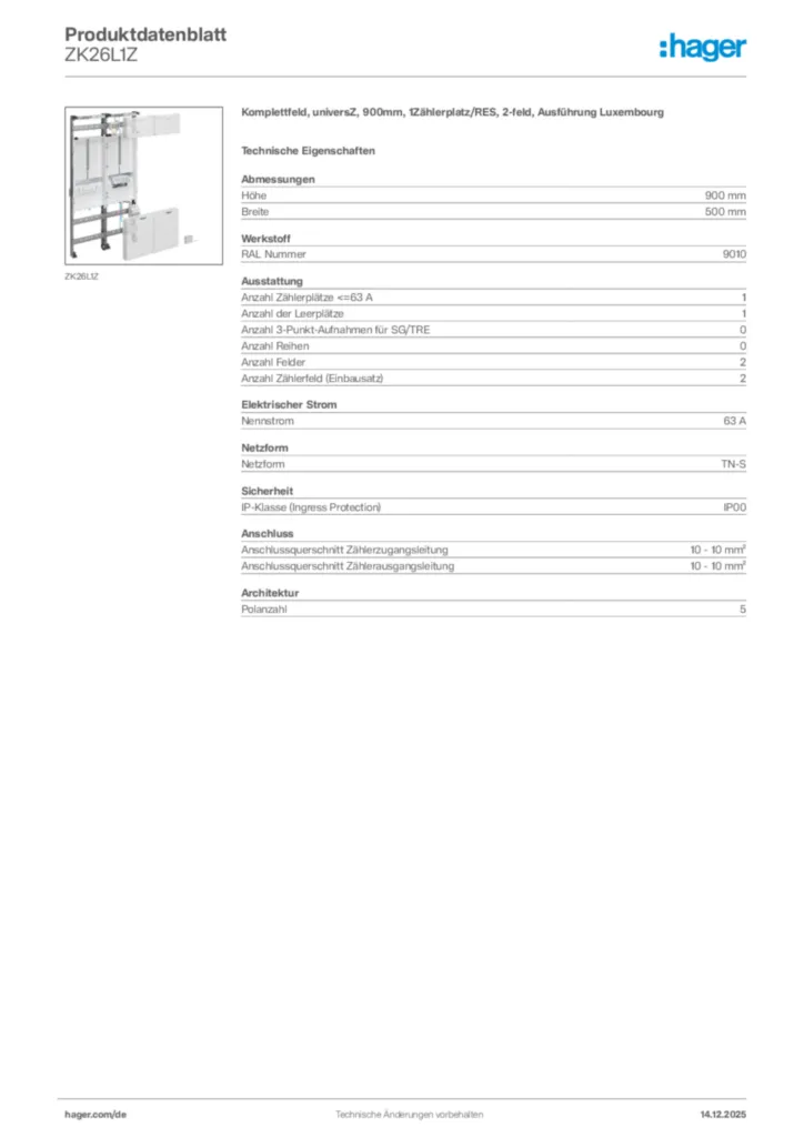 Bild Hager Produktdatenblatt ZK26L1Z | Hager Deutschland