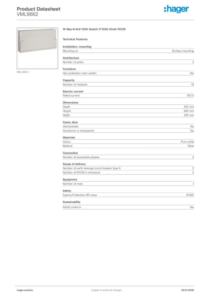 Image Hager Product data sheet VML9662  | Hager