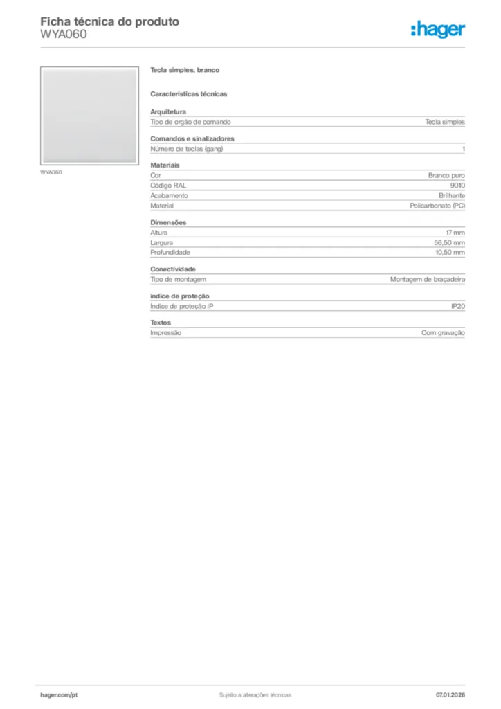 Imagem Hager Ficha técnica do produto WYA060 | Hager Portugal