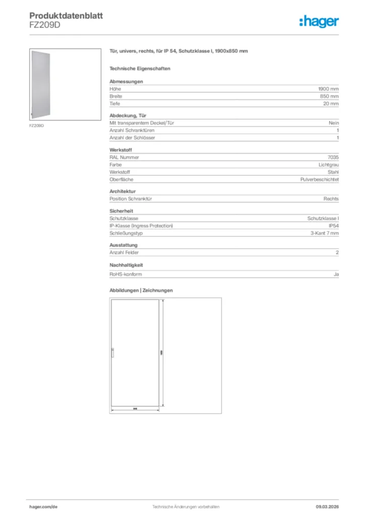 Bild Hager Produktdatenblatt FZ209D | Hager Deutschland
