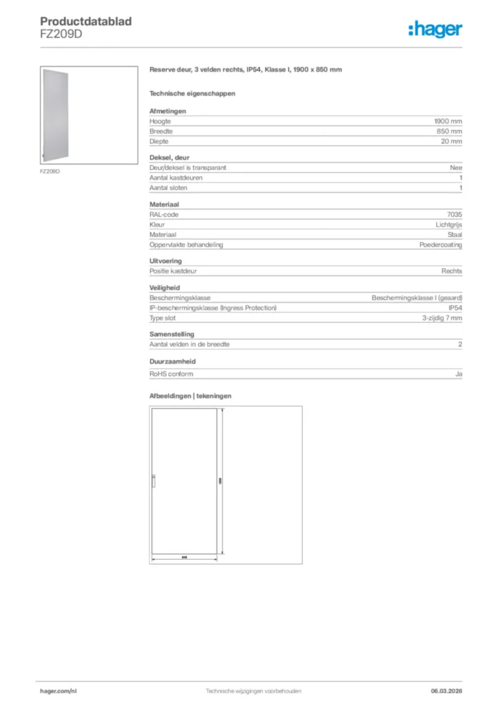 Afbeelding Hager Productdatablad FZ209D | Hager Nederland