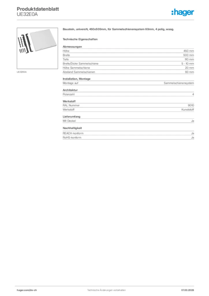 Bild Hager Produktdatenblatt UE32E0A | Hager Schweiz