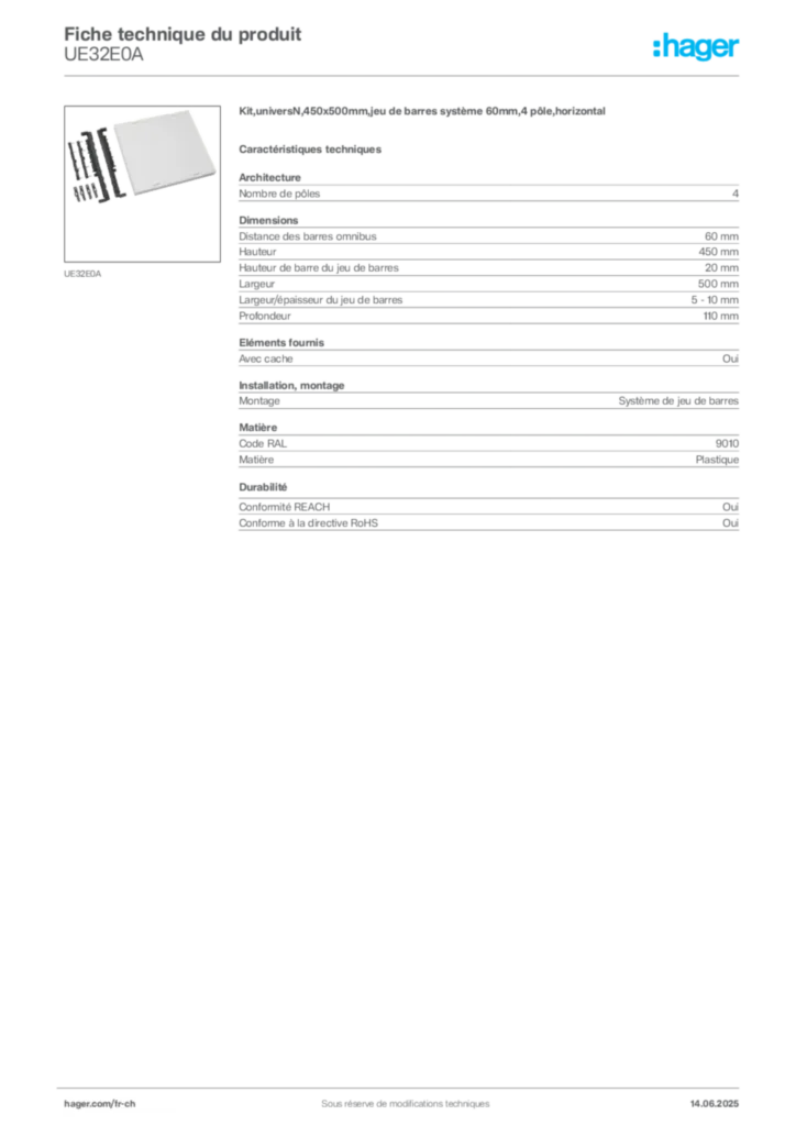 Image Hager Fiche technique du produit UE32E0A | Hager Suisse