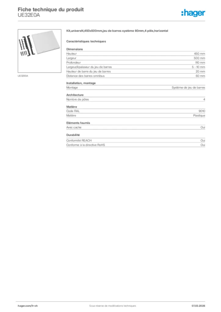 Image Hager Fiche technique du produit UE32E0A | Hager Suisse