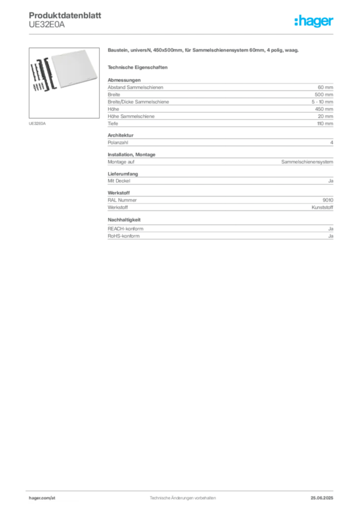Bild Hager Produktdatenblatt UE32E0A | Hager Deutschland