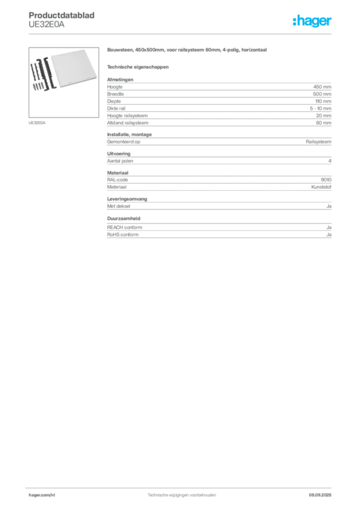 Afbeelding Hager Productdatablad UE32E0A | Hager Nederland