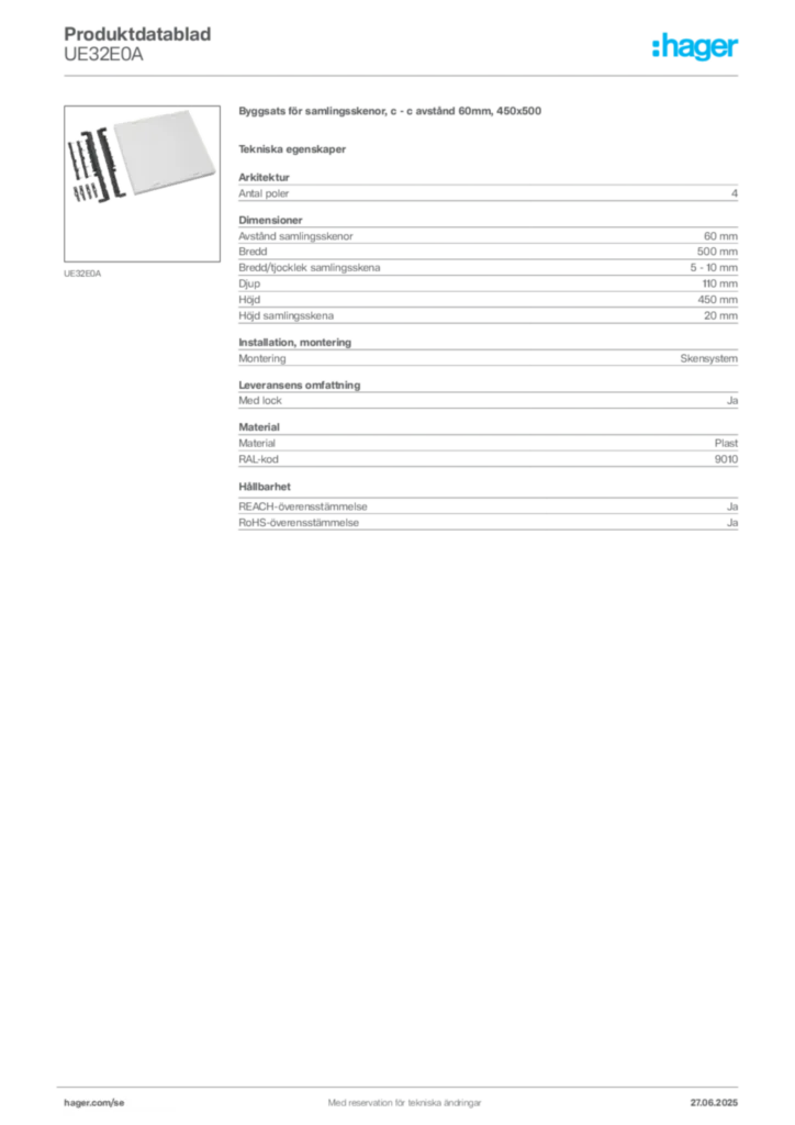 Bild Hager Produktdatablad UE32E0A | Hager Sverige