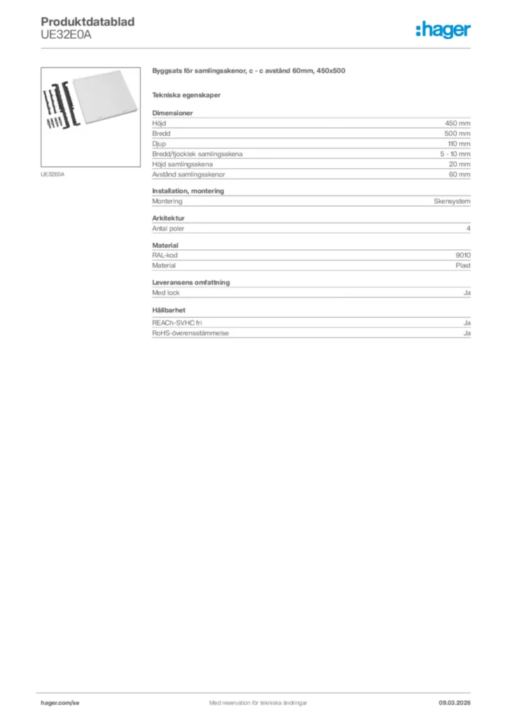 Bild Hager Produktdatablad UE32E0A | Hager Sverige