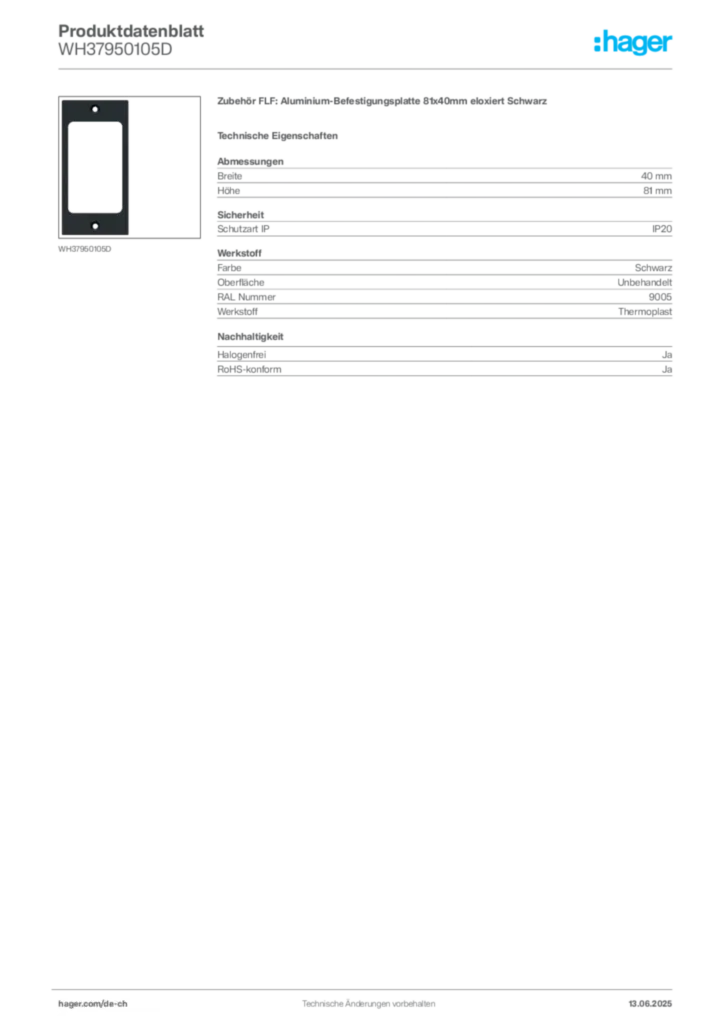 Bild Hager Produktdatenblatt WH37950105D | Hager Schweiz
