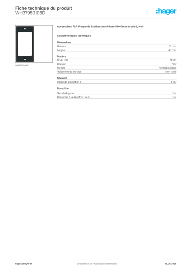 Image Hager Fiche technique du produit WH37950105D | Hager Suisse