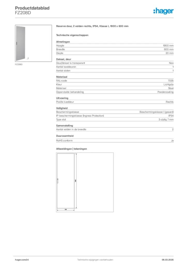 Afbeelding Hager Productdatablad FZ208D | Hager Nederland
