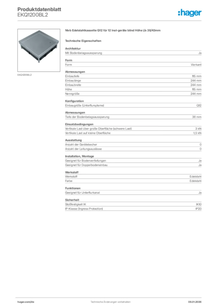Bild Hager Produktdatenblatt EKQ1200BL2 | Hager Deutschland