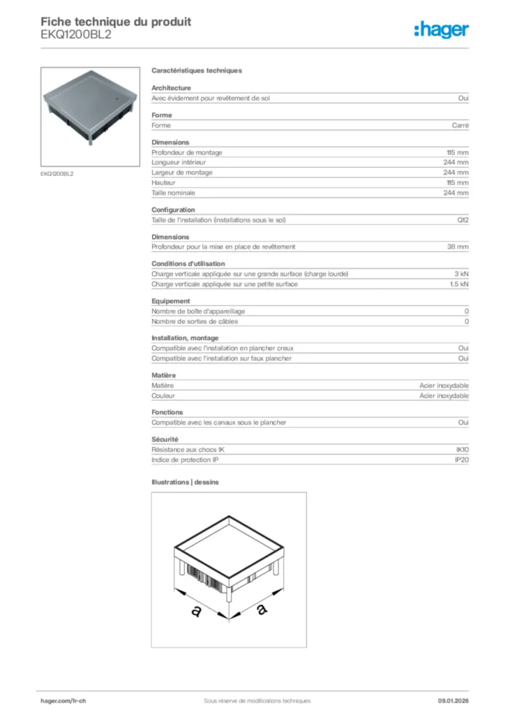 Image Hager Fiche technique du produit EKQ1200BL2 | Hager Suisse