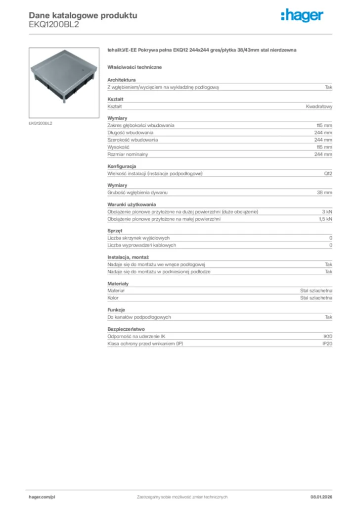 Zdjęcie Hager Karta katalogowa EKQ1200BL2 | Hager Polska