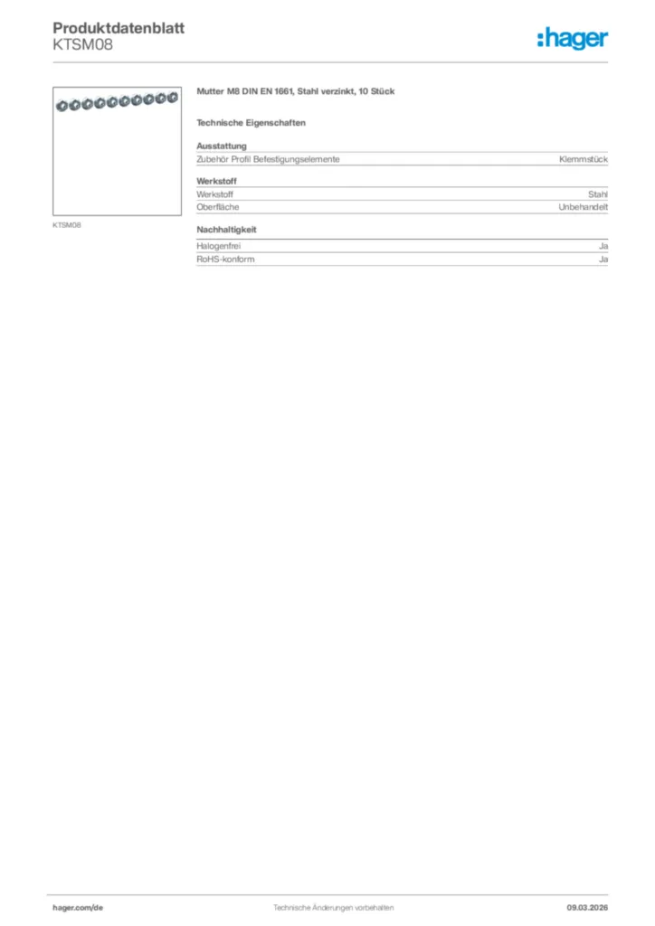 Bild Hager Produktdatenblatt KTSM08 | Hager Deutschland