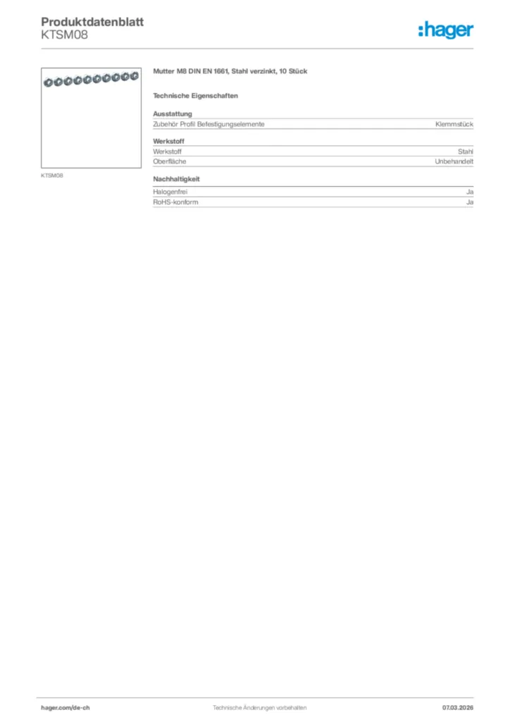 Bild Hager Produktdatenblatt KTSM08 | Hager Schweiz