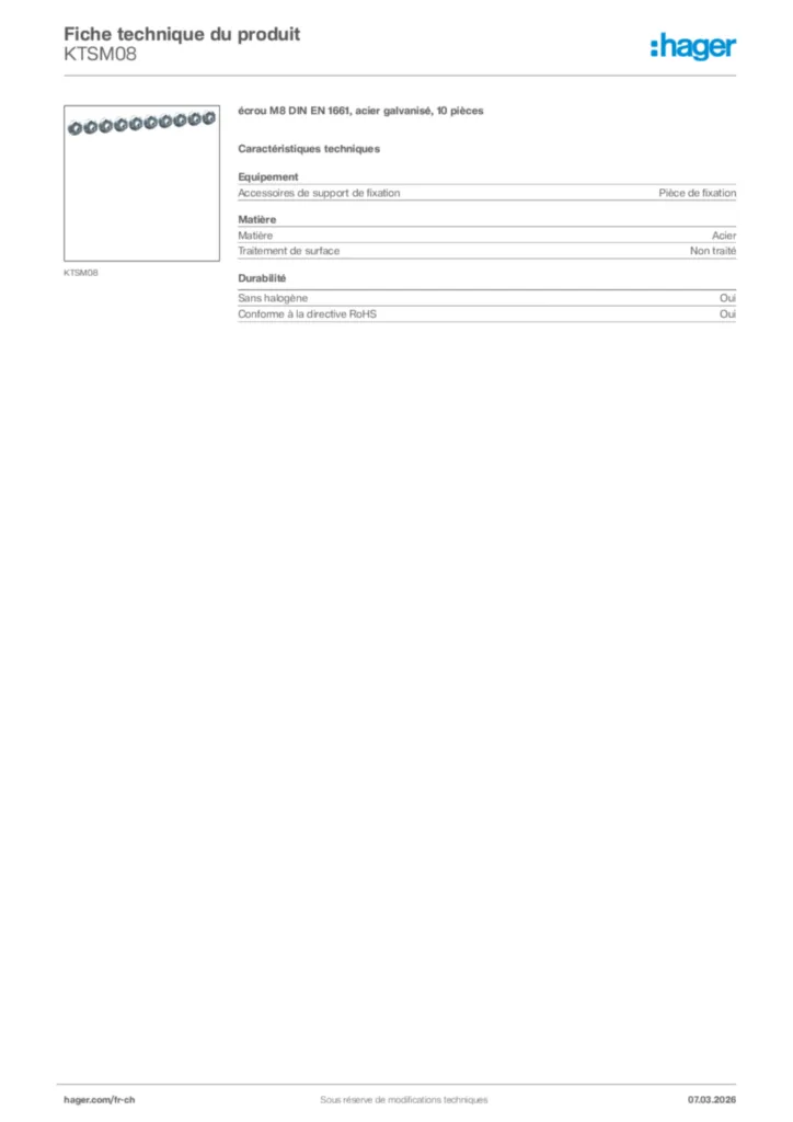 Image Hager Fiche technique du produit KTSM08 | Hager Suisse