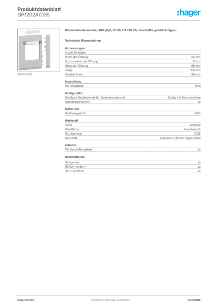 Bild Hager Produktdatenblatt GR1202A7035 | Hager Deutschland