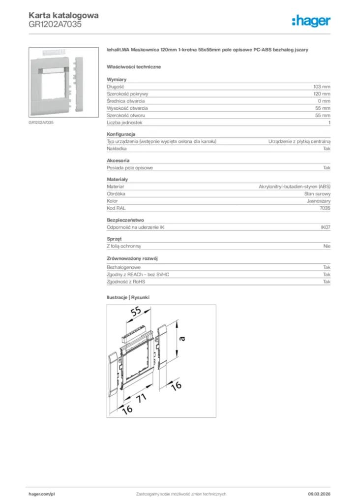 Zdjęcie Hager Karta katalogowa GR1202A7035 | Hager Polska