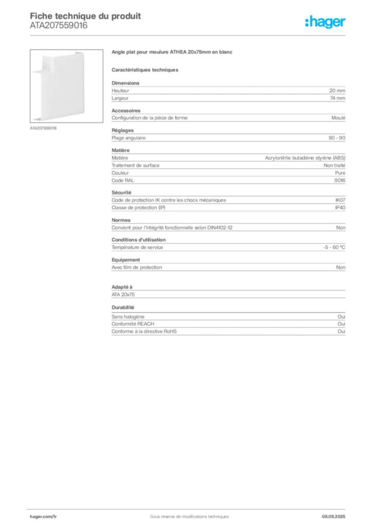 Image Hager Fiche technique du produit ATA207559016 | Hager France
