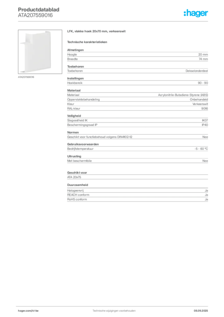 Afbeelding Hager Productdatablad ATA207559016 | Hager Belgium