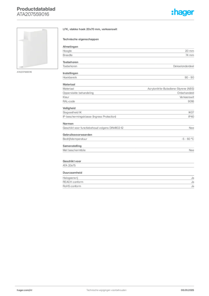 Afbeelding Hager Productdatablad ATA207559016 | Hager Nederland