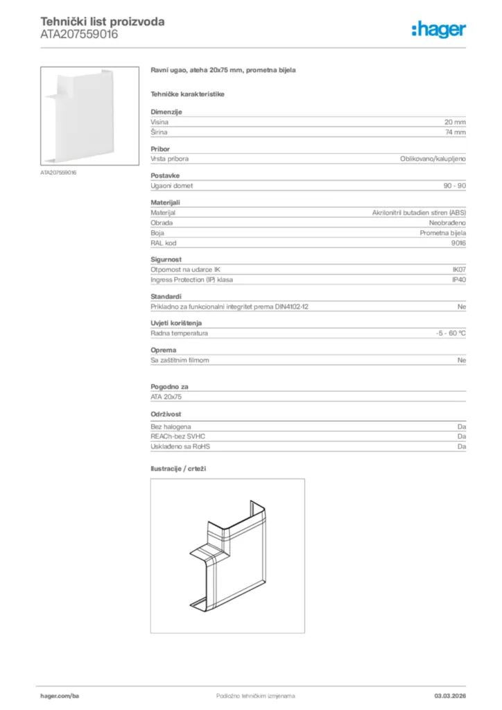 Slika Hager Tehnički list proizvoda ATA207559016  | Hager