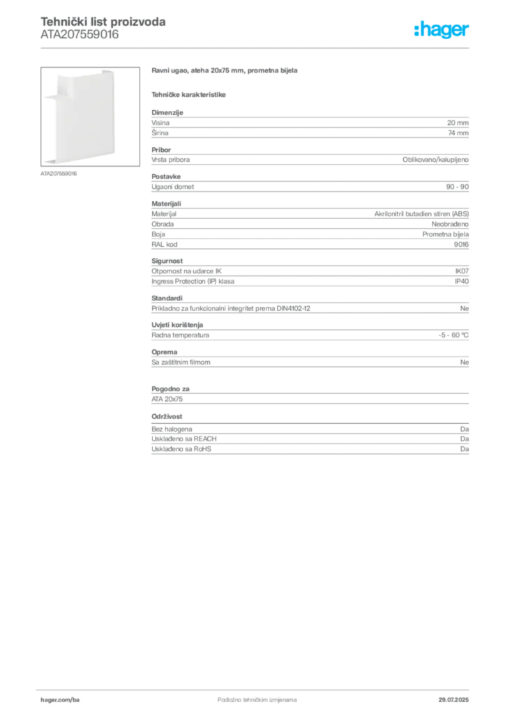 Slika Hager Product data sheet ATA207559016  | Hager