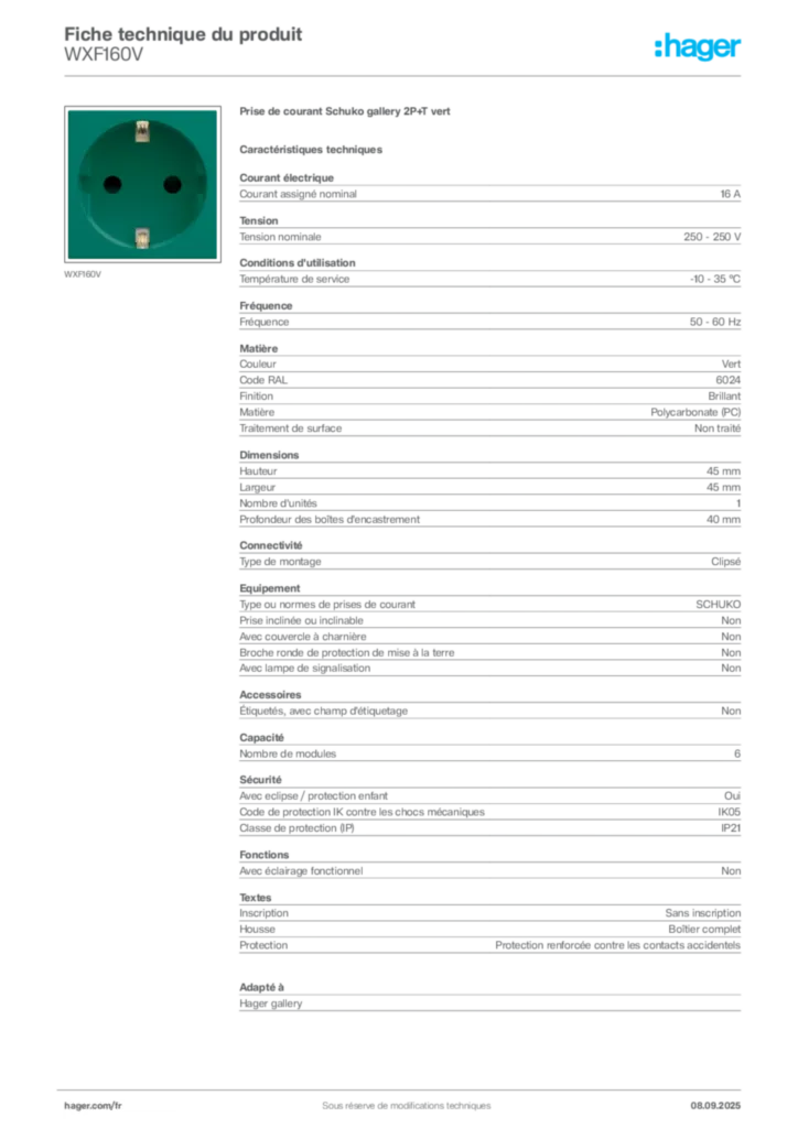 Image Hager Fiche technique du produit WXF160V | Hager France