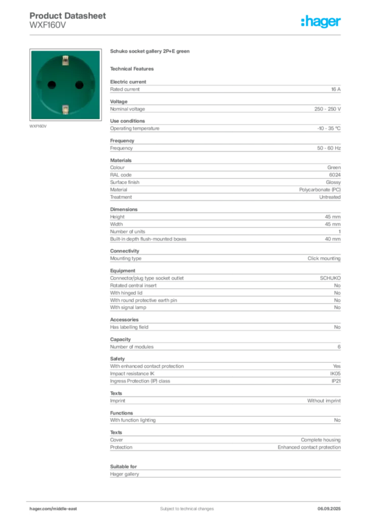Image Hager Product data sheet WXF160V  | Hager