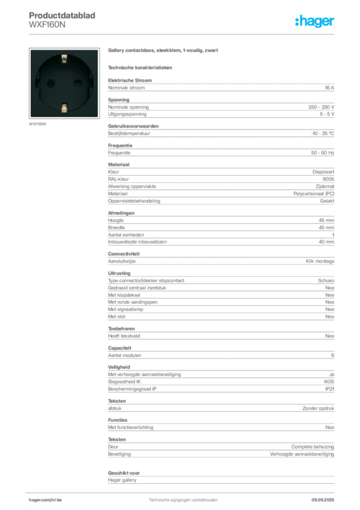 Afbeelding Hager Productdatablad WXF160N | Hager Belgium