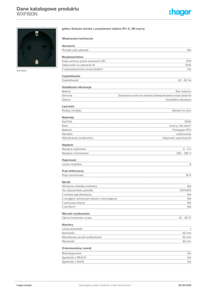 Zdjęcie Hager Karta katalogowa WXF160N | Hager Polska