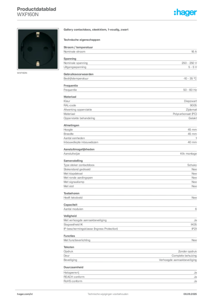 Afbeelding Hager Productdatablad WXF160N | Hager Nederland