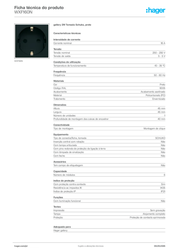 Imagem Hager Ficha técnica do produto WXF160N | Hager Portugal