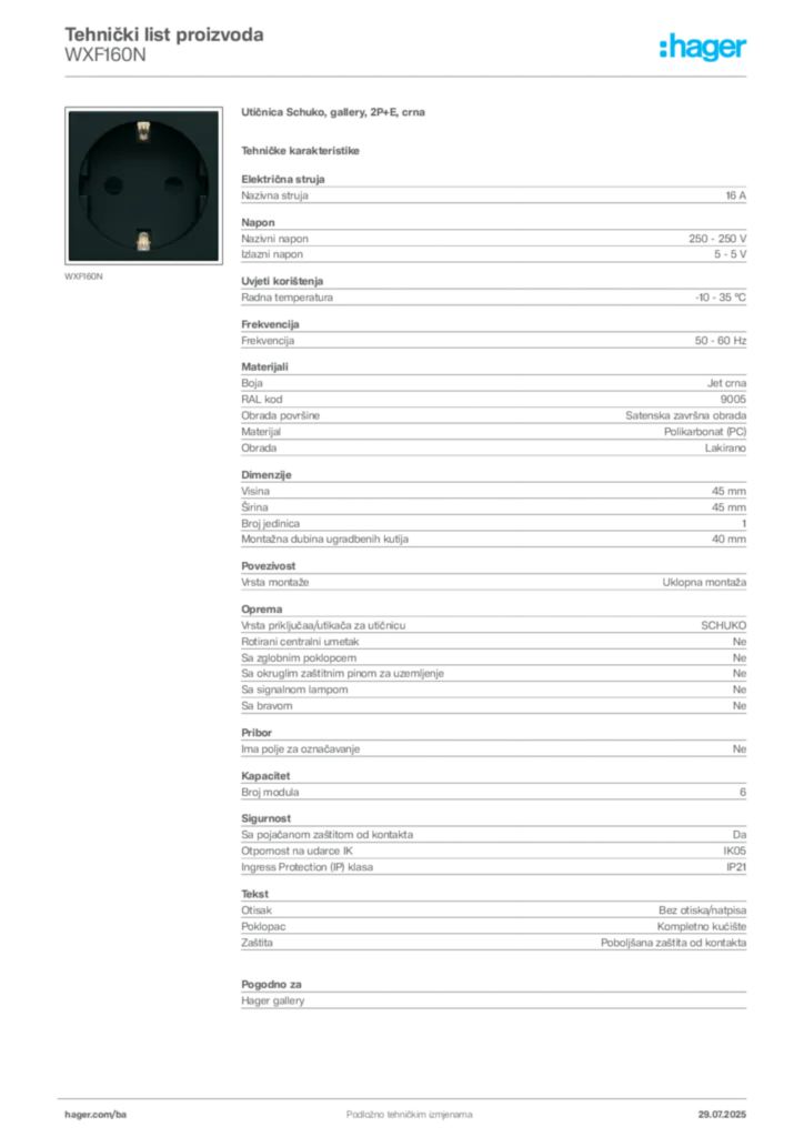 Slika Hager Product data sheet WXF160N  | Hager