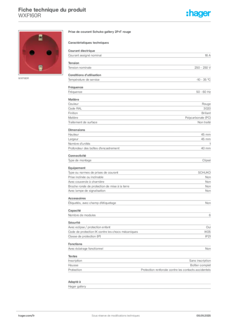 Image Hager Fiche technique du produit WXF160R | Hager France