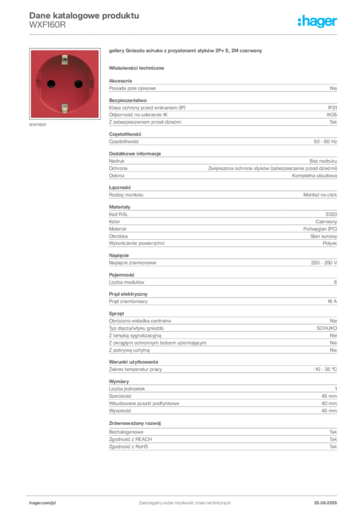 Zdjęcie Hager Karta katalogowa WXF160R | Hager Polska