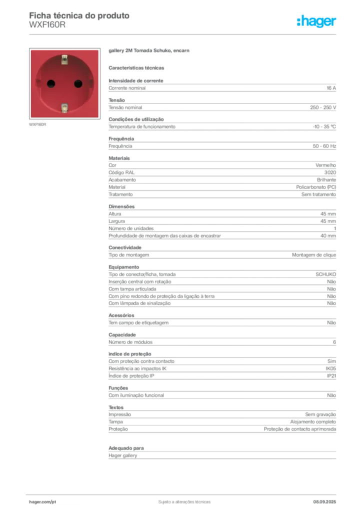 Imagem Hager Ficha técnica do produto WXF160R | Hager Portugal