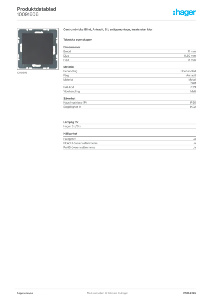 Bild Hager Produktdatablad 10091606 | Hager Sverige