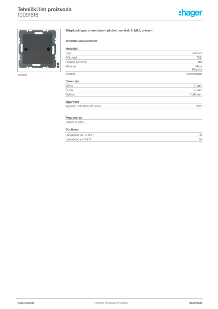 Slika Hager Product data sheet 10091616  | Hager
