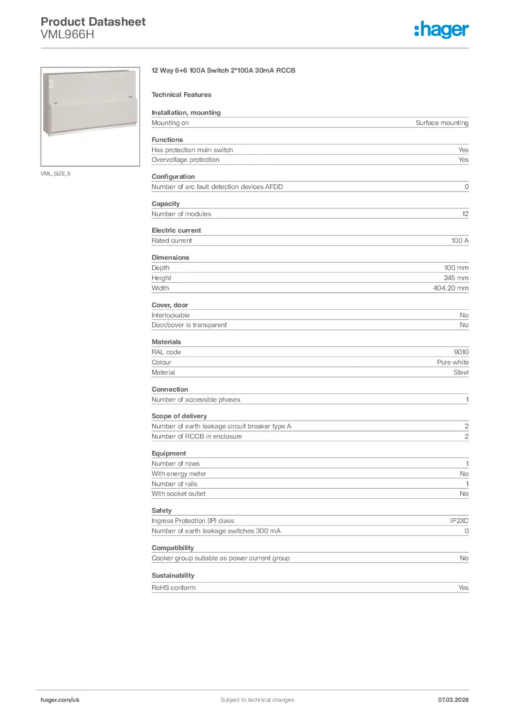 Image Hager Product data sheet VML966H  | Hager