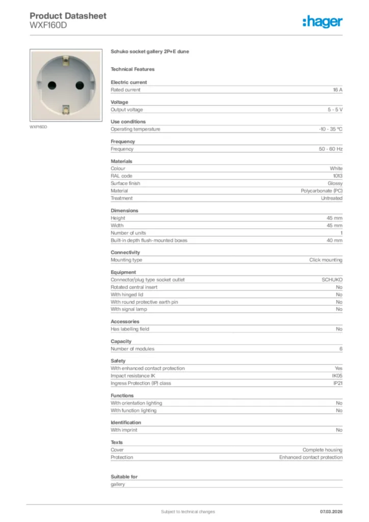 Image Hager Product data sheet WXF160D  | Hager Africa