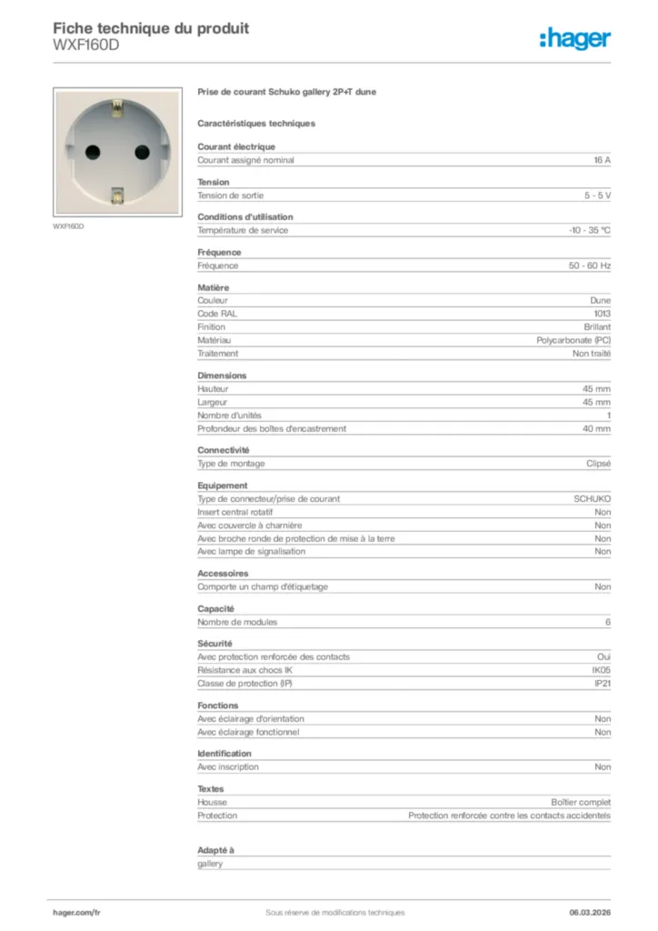 Image Hager Fiche technique du produit WXF160D | Hager France