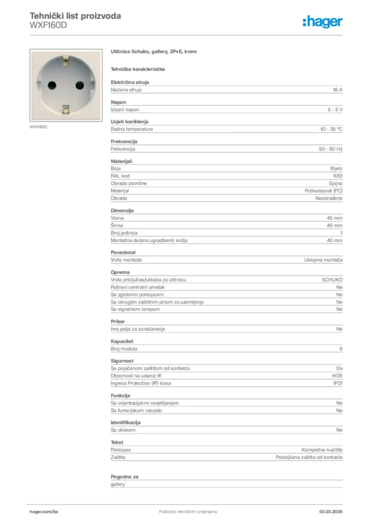 Slika Hager Tehnički list proizvoda WXF160D  | Hager