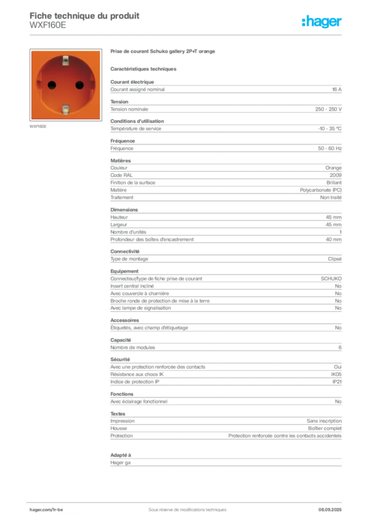 Image Hager Fiche technique du produit WXF160E | Hager Belgique