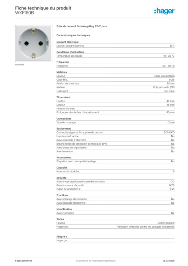 Image Hager Fiche technique du produit WXF160B | Hager Belgique