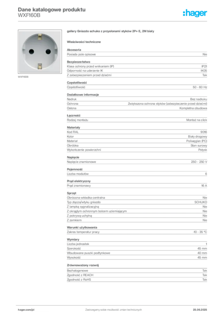Zdjęcie Hager Karta katalogowa WXF160B | Hager Polska