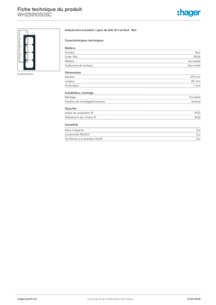Image Hager Fiche technique du produit WH25910505C | Hager Suisse